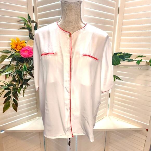 OSCAR DE LA RENTA WHITE BUTTON DOWN WITH RED ACCENTS SIZE 10 - Picture 1 of 6